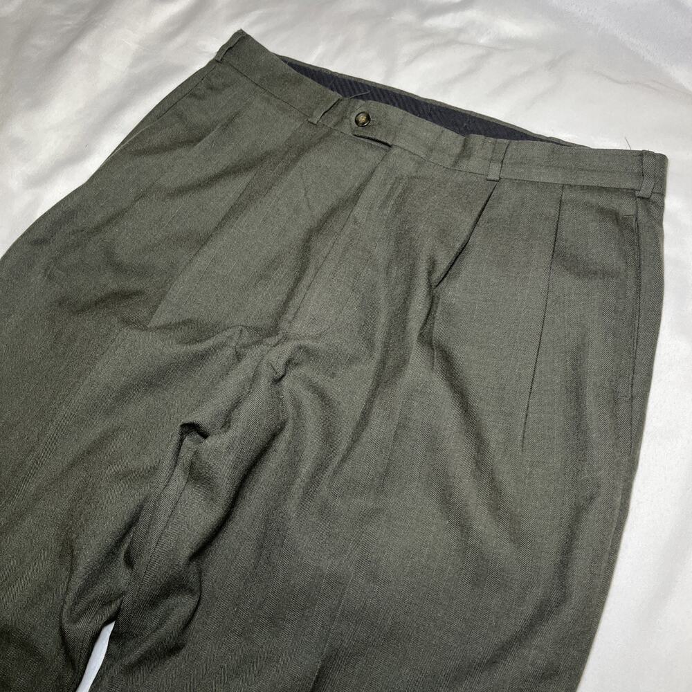 Vintage Slates 100% Wool Pleated Trouser Pants Size 36x32 Green Cuffed READ*